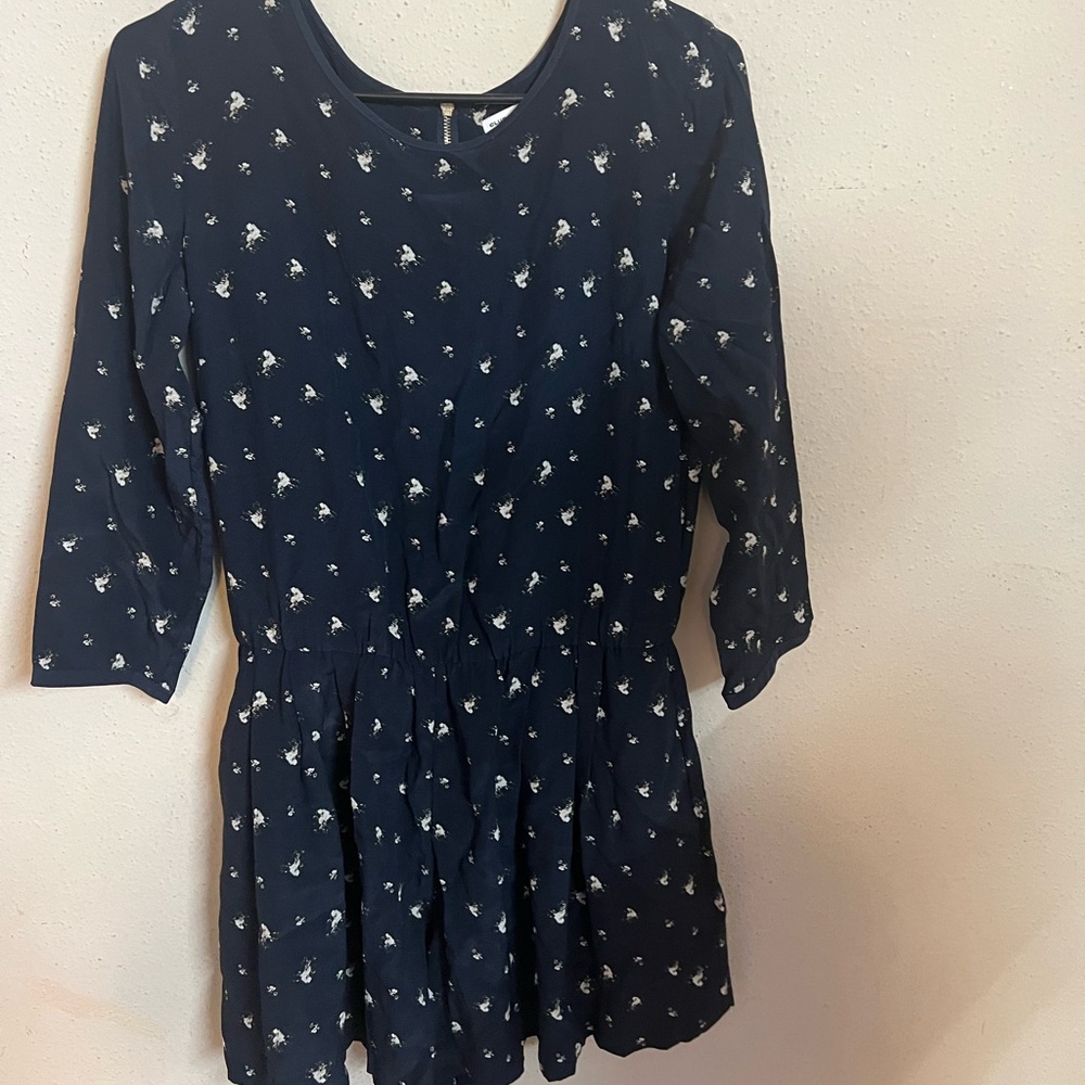 Club Monaco Womens Silk Floral Print Long Sleeve Zip Up Romper Navy Size 2